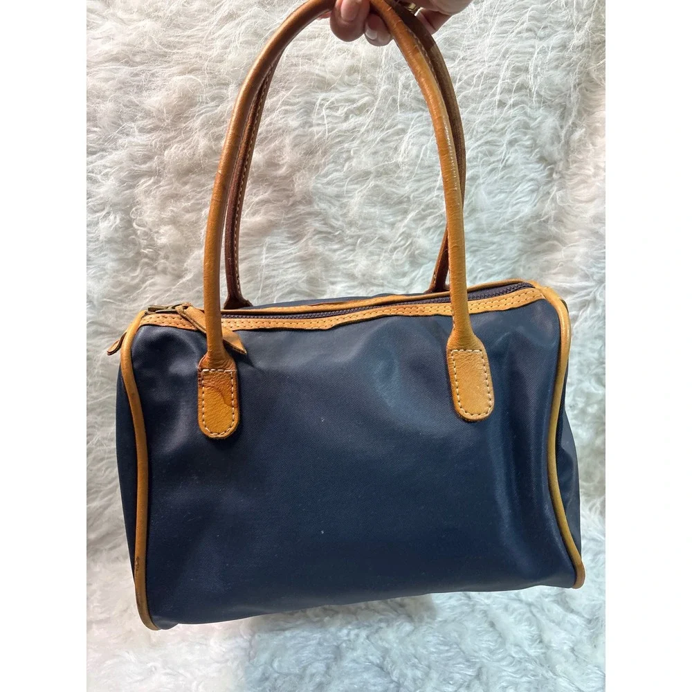 Jon Hart Navy Blue Nylon Barrel Bag Tan Leather Trim‎ Vintage Satchel Handbag